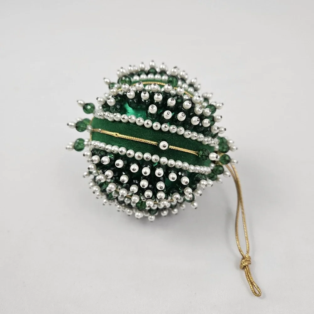 Vintage Satin Velvet Beaded Sequin Push Pin Christmas Tree Ornament Green